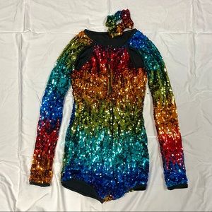 Rainbow Sequenced Dance Costume With Matching Scrunchie
